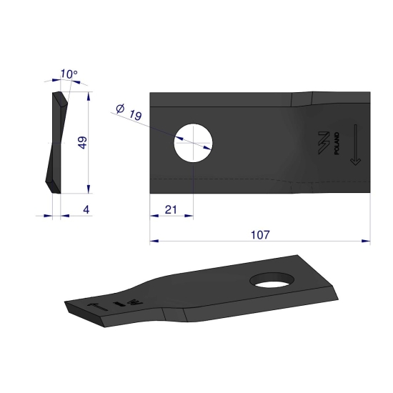 Nóż. nożyk kosiarka prawy 107x50x4mm otwór 19 zastosowanie 570684 Niemeyerl WARYŃSKI ( sprzedawane po 25 )