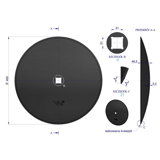 Talerz gładki fi 460 otwór 30x30 stal borowa 3.2mm WARYŃSKI MAXX 1279201030 1201030040 W-5195460/30