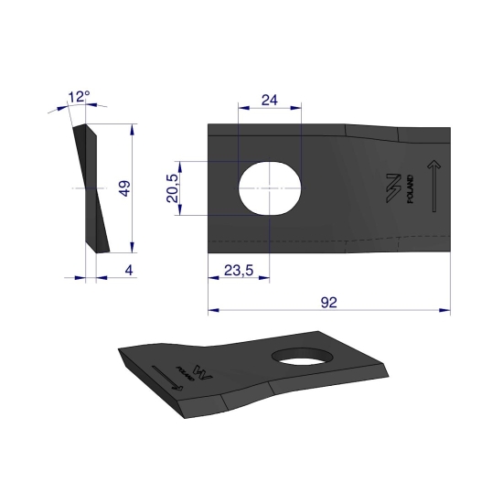 Nóż. nożyk kosiarka lewy 92x48x4mm otwór 20x24 zastosowanie 13800021 JF-Stoll WARYŃSKI ( sprzedawane po 25 )