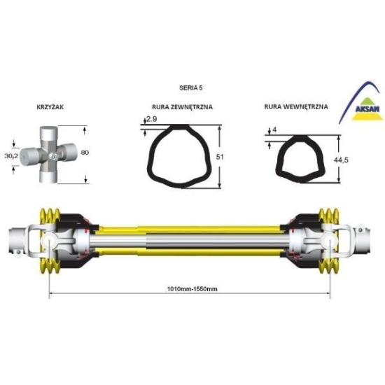 Wał przegubowo-teleskopowy (sprzęgło z kołkiem) 1010-1550mm 620 Nm 60970 CE seria 5 AKSAN