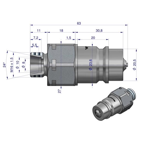 Szybkozłącze hydrauliczne wtyczka M16x1.5 gwint zewnętrzny EURO (9100816W) (ISO 7241-A) z eliminatorem ciśnienia Waryński