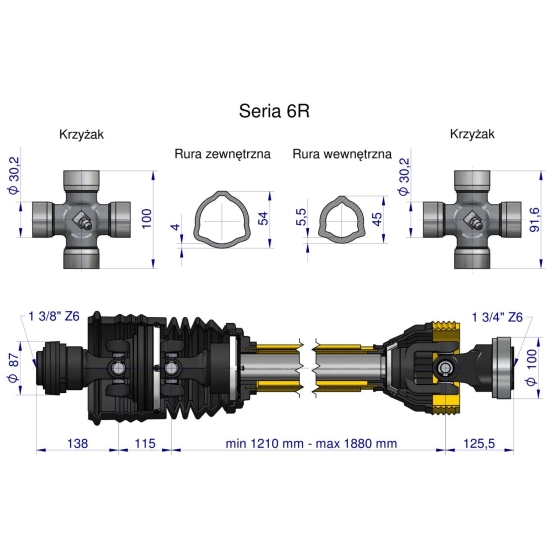 Wał przegubowo-teleskopowy 1210-1880mm 830Nm szerokokątny z drugiej stron Z6 - 1 3/4 CE 2020 seria 6R Waryński