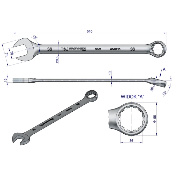 Klucz płaskooczkowy extra długi 36mm dł 510mm standard ASME B107.9M  Waryński