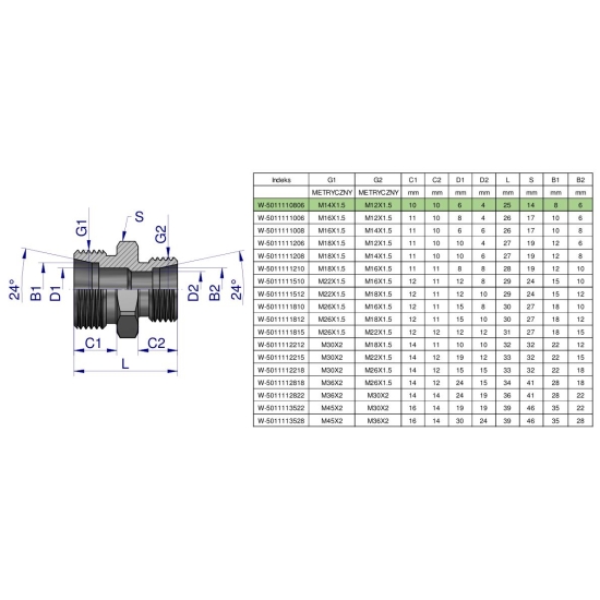 Złączka hydrauliczna redukcyjna metryczna BB M14x1.5 08L / M12x1.5 06L (XG) Waryński ( sprzedawane po 5 )