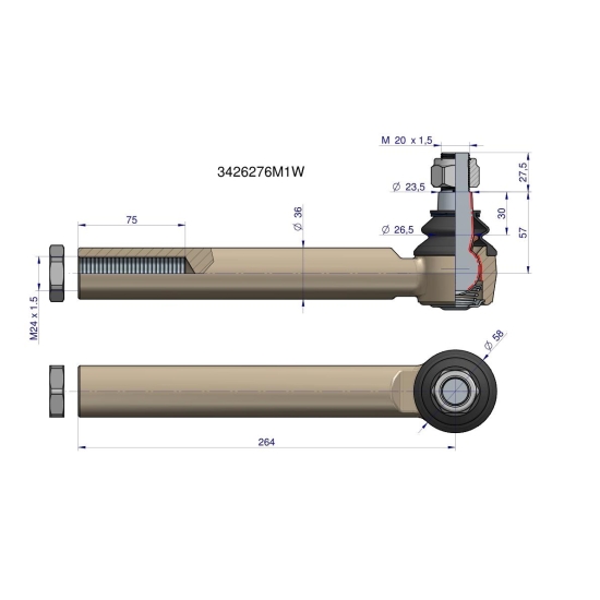 Przegub kierowniczy 264mm- M24x1,5 3426276M1 WARYŃSKI
