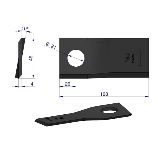Nóż. nożyk kosiarka prawy 108x48x4mm otwór 21 zastosowanie 434972 Pottinger WARYŃSKI ( sprzedawane po 25 )