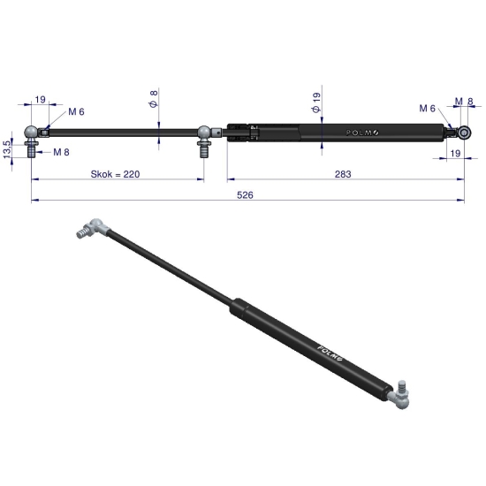 Siłownik szyby tylnej L max. 526mm 65415004 MASSEY FERGUSON POLMO