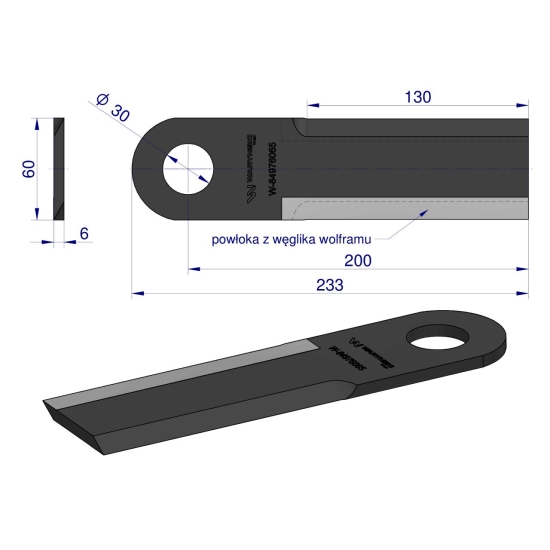 Nóż przystawki do kukurydzy napawany 233x60x6 otwór 30mm zastosowanie New Holland 84496574 47731406 WARYŃSKI