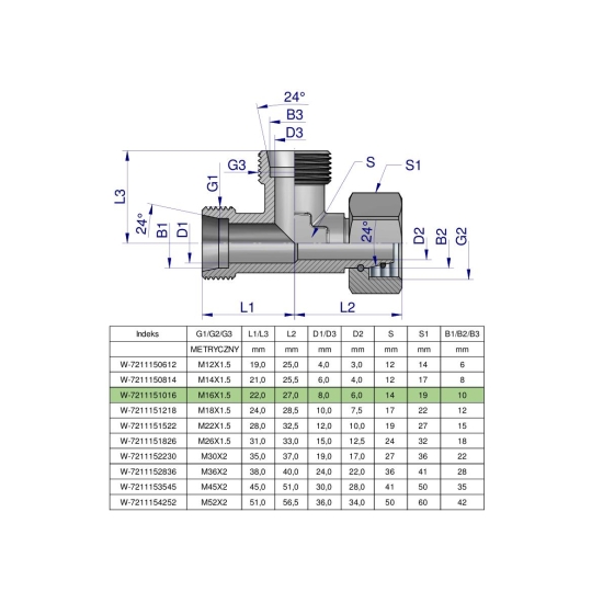 Trójnik hydrauliczny niesymetryczny metryczny BBA M16x1.5 10L (XEVL) Waryński ( sprzedawane po 2 )