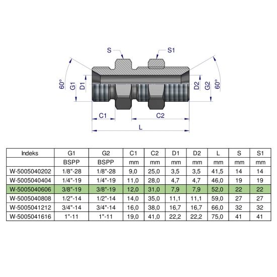 Złączka hydrauliczna calowa grodziowa BB 3/8" BSP z przeciwnakrętką (XSV) Waryński ( sprzedawane po 2 )