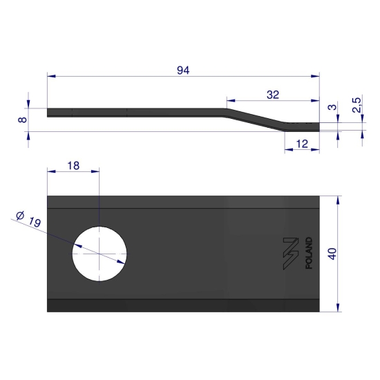 Nóż. nożyk kosiarka gięty 94X40X3mm otwór 19 zastosowanie Deutz Fahr 94/P 1101701015322 WARYŃSKI ( sprzedawane po 25 )