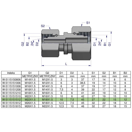 Złączka hydrauliczna metryczna AA M22x1.5 15L x M18x1.5 12L Waryński ( sprzedawane po 5 )