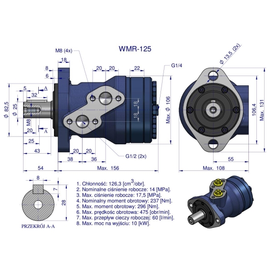 Silnik hydrauliczny orbitalny WMR 125 cm3/obr (140 bar / max.200 bar) Waryński