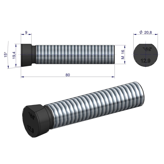 Śruba kpl. płużna oval z jednej strony ścięta M16x80 mm kl.12.9 zastosowanie Kverneland Waryński M16X80OV1 ( sprzedawane po 10 )