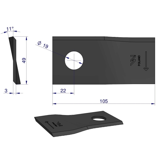Nóż, nożyk kosiarka 105X48X3X19 lewy zastosowanie 9041788 Niemeyer WARYŃSKI ( sprzedawane po 25 )