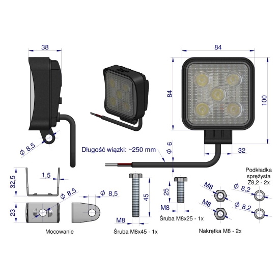 Lampa robocza kwadratowa mini 15W 5 LED GLANZ