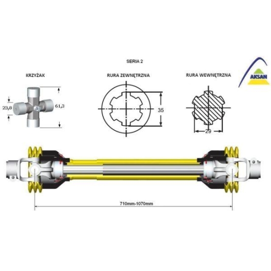 Wał przegubowo-teleskopowy wałek wielowypustowy frezowany 710-960mm 250Nm 40240 CE seria 2 AKSAN