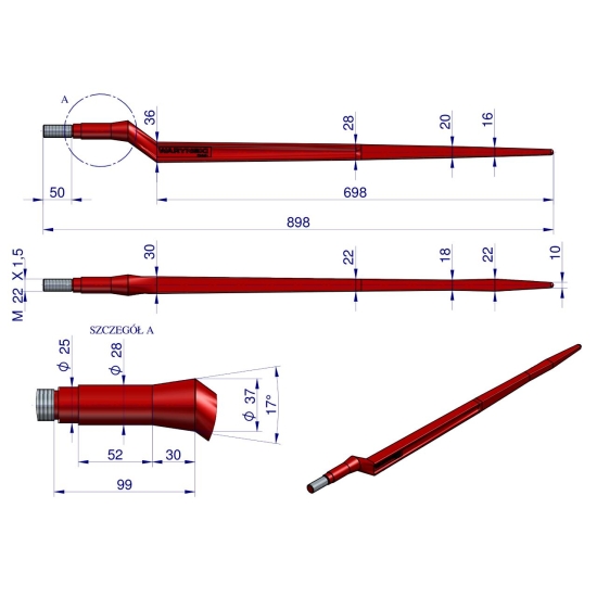 Ząb ładowacza uniwersalny czerwony Z L- 880 mm zastosowanie 5193-FT88N Tur WARYŃSKI W9132-880W