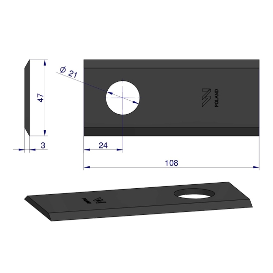 Nóż, nożyk kosiarka 108X46X3mm otwór 21 zastosowanie 108D Galfre WARYŃSKI ( sprzedawane po 25 )