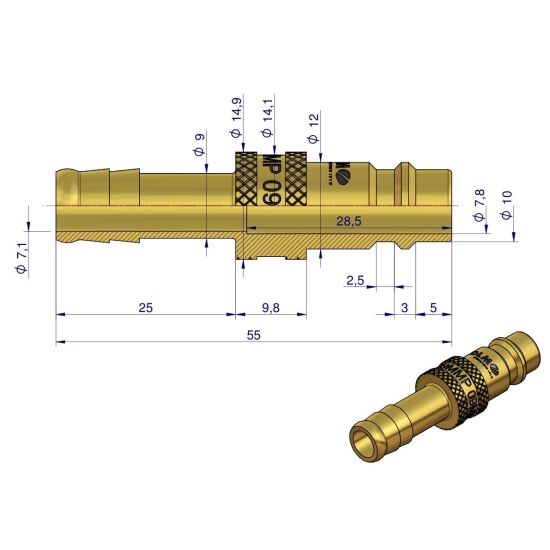 Szybkozłącze pneumatyczne P26 NW7.2 wtyczka pod wąż DN09mm POLMO  ( sprzedawane po 5 )