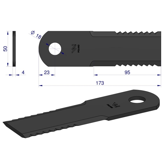 Nóż obrotowy rozdrabniacz słomy sieczkarnia 173x50x4mm otwór 18 zastosowanie 600174 John Deere MF New Holland WARYŃSKI ( sprzedawane po 25 )