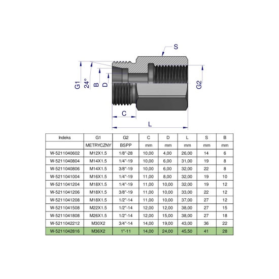 Tulejka różnicowa hydrauliczna AB M36x2 28L GZ x 1" BSP GW Waryński