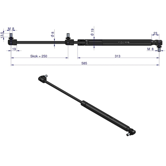 Siłownik szyby tylnej L max. 585mm 65417037 MASSEY FERGUSON POLMO