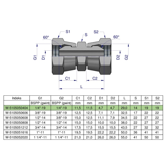 Złączka hydrauliczna calowa AA 1/4" BSP Waryński ( sprzedawane po 2 )