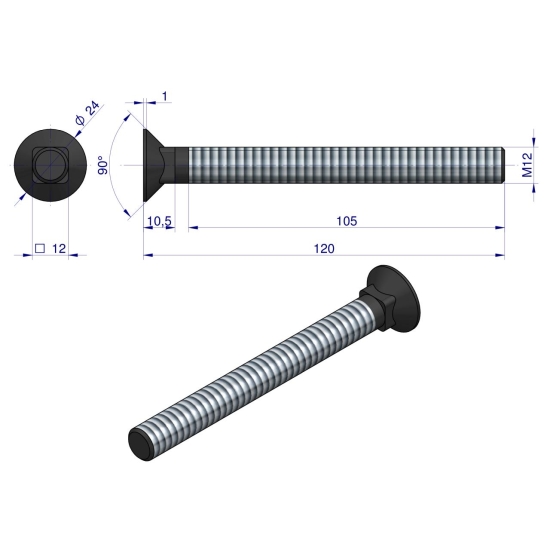 Śruba kpl. płużna podsadzana D 608 M12x120 mm kl.10.9 Waryński ( sprzedawane po 10 )