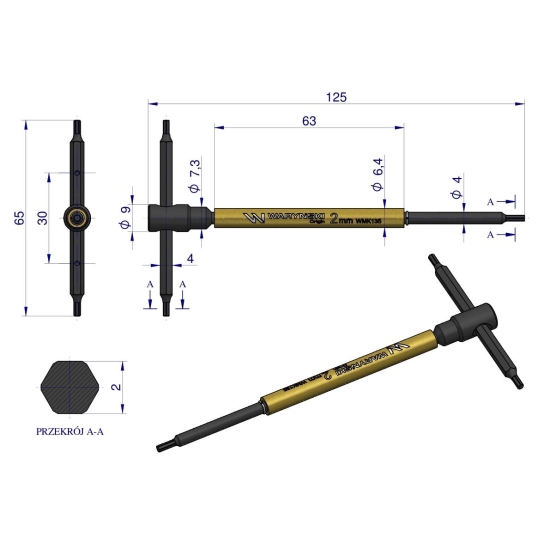 Klucz T ze spinnerem. HEX 2 mm Waryński