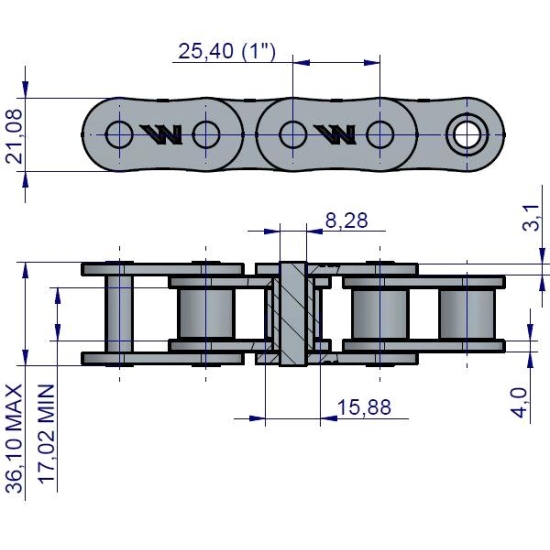 Łańcuch rolkowy 16B-1 (R1 1) 4 m Waryński