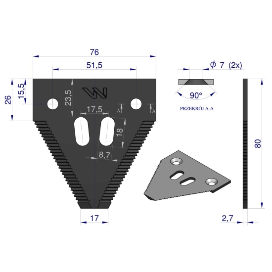 Nóż żniwny 80x76x2.7mm otwór 7 zastosowanie 3BF0010AB1 Olimag WARYŃSKI ( sprzedawane po 25 )