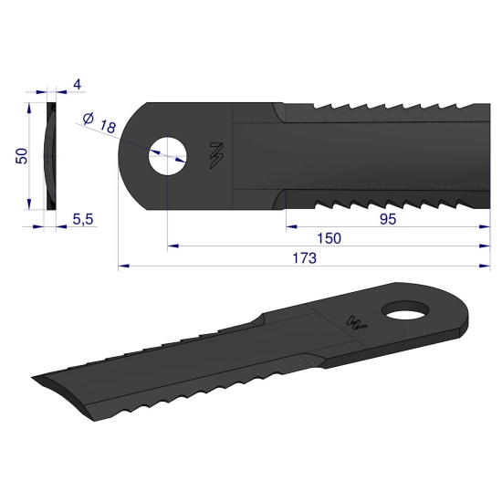 Nóż obrotowy rozdrabniacz słomy sieczkarnia uzębiony 173x50x4mm otwór 18 zastosowanie 84441392 New Holland WARYŃSKI ( sprzedawane po 25 )