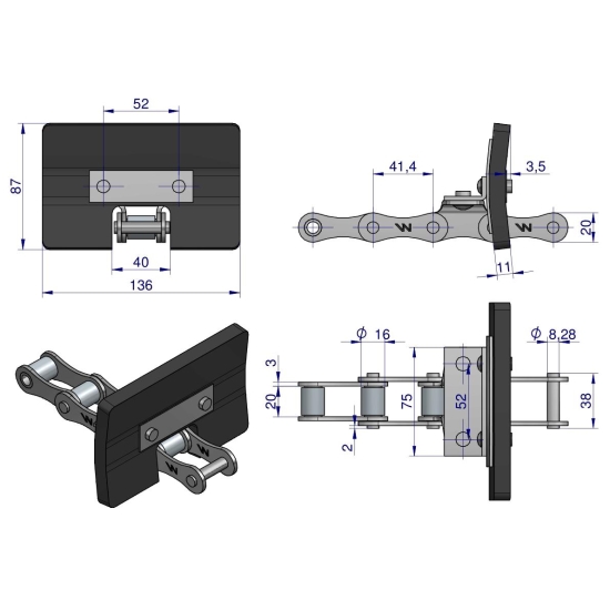 Łańcuch podajnika ziarnowego kpl. 38 łopatek 86 x 136 mm zastosowanie 5058200335 Bizon Rekord Waryński