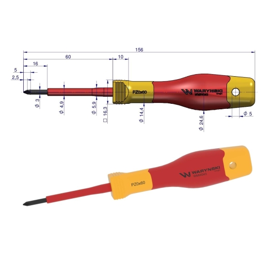 Wkrętak PZ0 60mm. izolowany. VDE. stal S2, Waryński