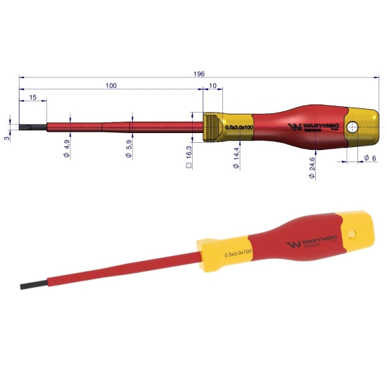 Wkrętak płaski. izolowany 3 x 100 mm. VDE. stal S2, Waryński