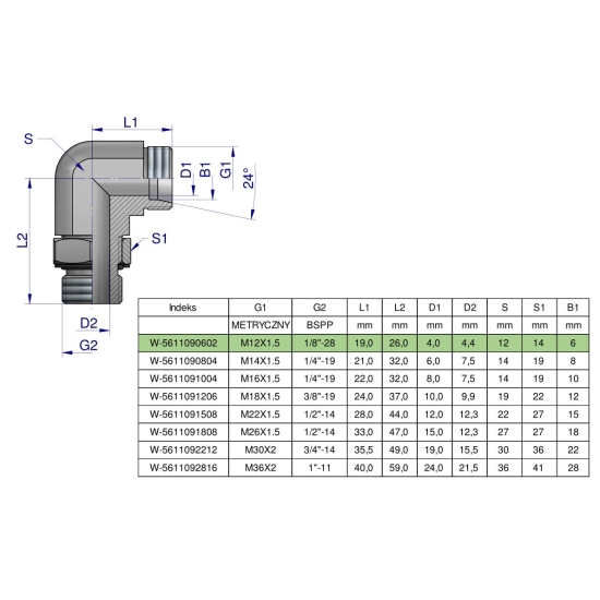 Kolanko hydrauliczne nastawne BB M12x1.5 06L x 1/8" BSP z regulacją Waryński