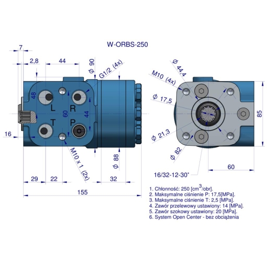 Orbitrol hydrauliczny W-ORBS 250 cm3/obr z zaworami (System Open Center - bez obciążenia) Waryński