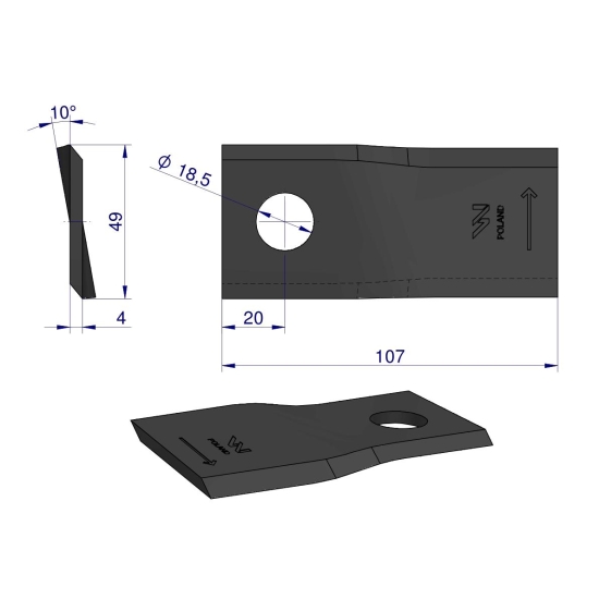 Nóż. nożyk kosiarka lewy 107x48x4mm otwór 18.5 zastosowanie 90261559 99361559 Vicon WARYŃSKI ( sprzedawane po 25 )