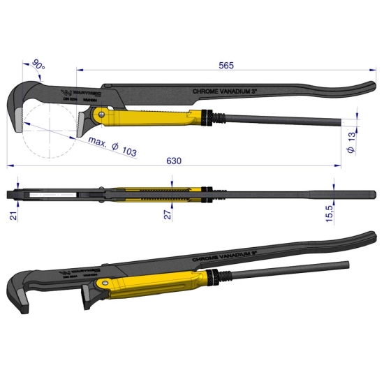 Szczypce nastawne szwedzkie do rur szczęki typ 90° o rozstawie max 103mm 3