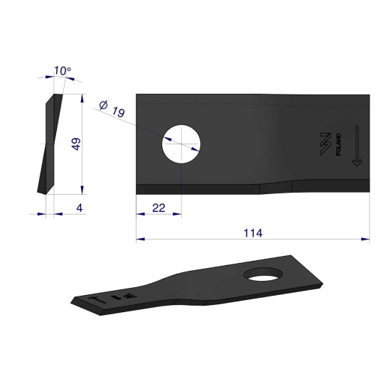 Nóż. nożyk kosiarka prawy 114x48x4mm otwór 19 zastosowanie 13800015 JF-Stoll WARYŃSKI ( sprzedawane po 25 )