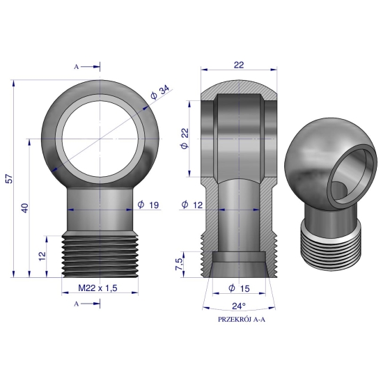 Złączka Oczkowa Fi22-15L (M22X1.5) Waryński  ( sprzedawane po 2 )