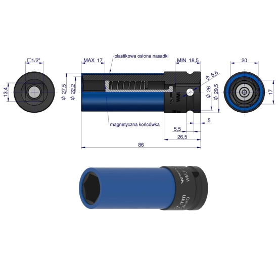 Nasadka udarowa 1/2 z magnesem do felg aluminiowych. 17mm. Waryński