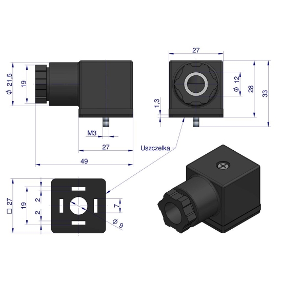 Wtyczka elektryczna (czarna) 12V 24V (SP666) do zasilania cewek elektromagnetycznych z uszczelką Waryński