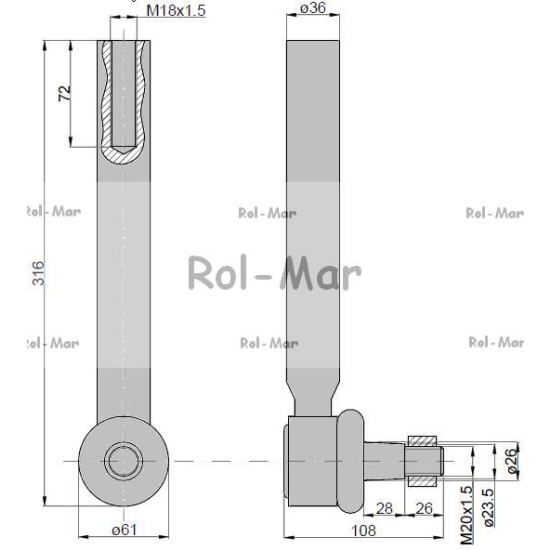 Przegub kierowniczy 285mm - M18x1,5 3764028M2 Massey Ferguson TAQ