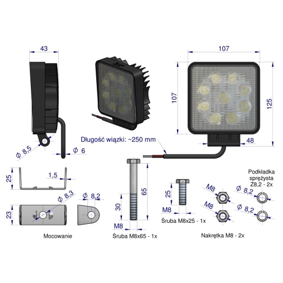 Lampa robocza kwadratowa 27W 9 LED GLANZ