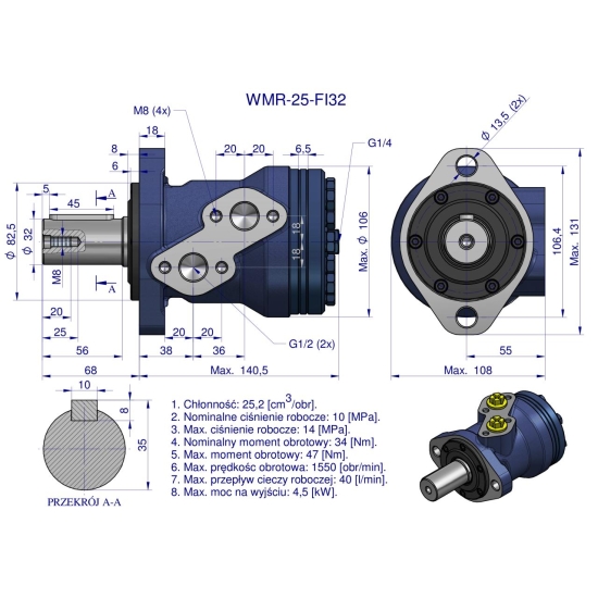 Silnik hydrauliczny orbitalny WMR 25 cm3/obr z wałkiem fi 32mm (100 bar / max.200 bar) Waryński