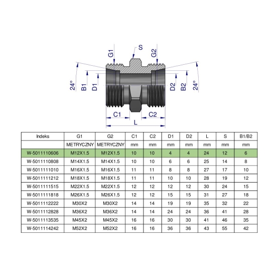 Złączka hydrauliczna metryczna BB M12x1.5 06L (XG) Waryński ( sprzedawane po 10 )