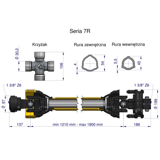 Wał przegubowo-teleskopowy 1210-1900mm 970Nm sprzęgło cierne 1700Nm CE 2020 seria 7R Waryński