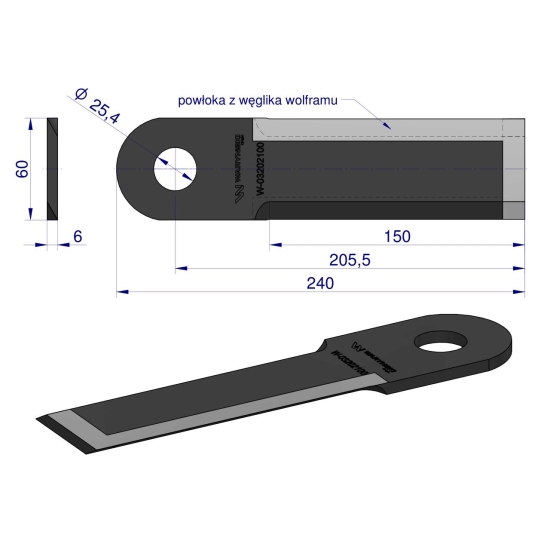 Nóż przystawki do kukurydzy napawany 240x60x6 otwót 25.4mm zastosowanie Capello WARYŃSKI